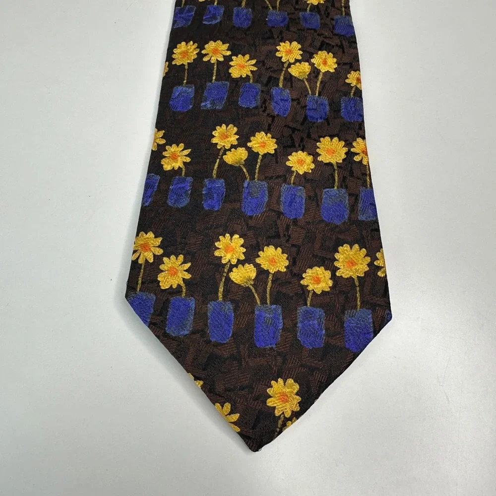 Ermenegildo Zegna Silk Tie Brown Yellow Floral Blue Vase Mens Luxury Fashion